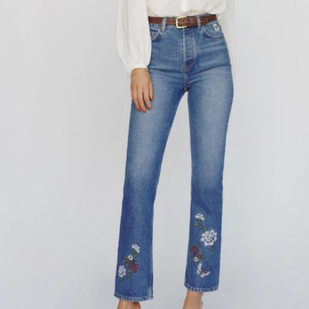 Reformation Cynthia Floral Embroidered High Rise Straight Jeans 31